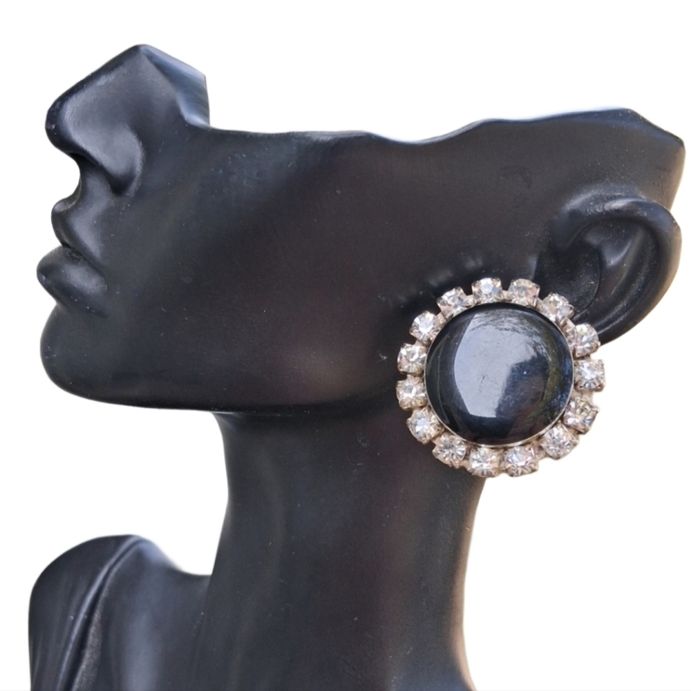 Vintage Mid Century Black Cabochon Rhinestone Stud Earrings